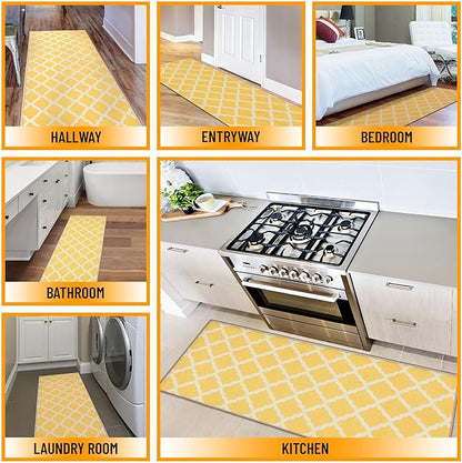 Machine Washable Moroccan Trellis Design Non-Slip Rubberback 2x5 Traditional Indoor Runner Rug for Hallway, Kitchen, Bedroom, Entryway, 20" x 59", Yellow