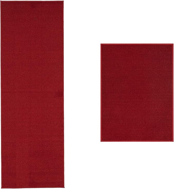 Machine Washable Modern Solid Design Non-Slip Rubberback 2x5/2x3 2PCS Set Traditional Runner Rug/Area Rug for Hallway, Kitchen, Entryway, Bathroom, 2 Piece Set - 20" x 59" / 2'3" x 3', Red