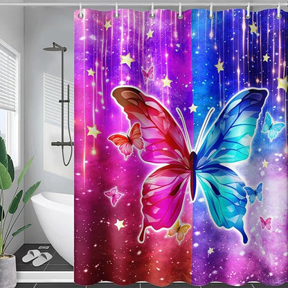 AILONEN Butterfly Shower Curtain,Red and Blue Butterfly Bath Curtain,Tie Dye Starry Rainbow Modern Decorative Shower Curtain with 12 Plastic Hooks (Kids/Girls/Women/Teen/) 72" W*96" H
