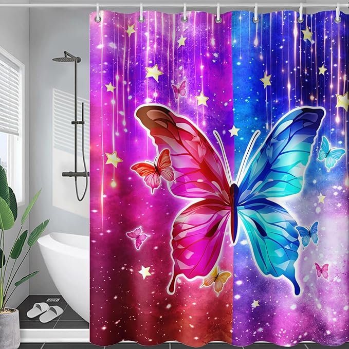 AILONEN Butterfly Shower Curtain,Red and Blue Butterfly Bath Curtain,Tie Dye Starry Rainbow Modern Decorative Shower Curtain with 12 Plastic Hooks (Kids/Girls/Women/Teen/) 36" W*72" H