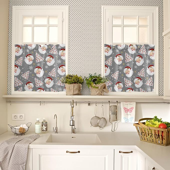 Grey Christmas Kitchen Curtains and Valances Set, Santa Claus Merry Christmas Tree Windows Treatments Tiers Half/Short Curtains for Small Windows Cafe/Living Room/Bedroom 54x36 in Winter Snowflake