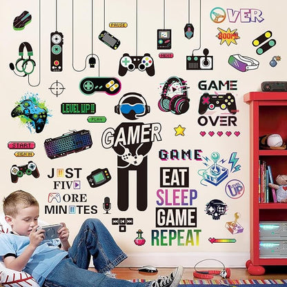 decalmile Gamer Wall Decals Gaming Controller Eat Sleep Game Joystick Wall Stickers Kids Bedroom Playroom Boys Room Wall Decor