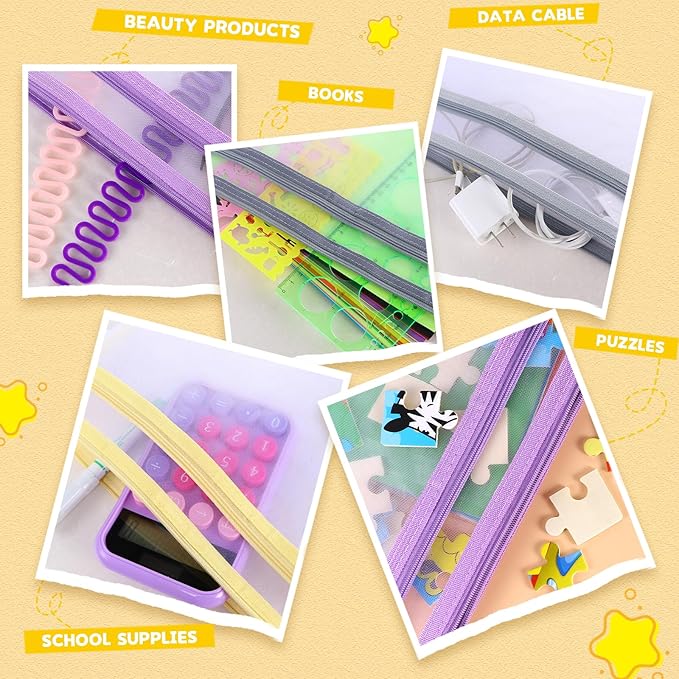 20 Pack Colored Mesh Zipper Pouch Bags,5 Color，A4 Double-Layer Nylon Puzzle Building Block Sets Toy Storage Organization, Mesh Bags with Zipper and Handle for School Office Playroom Storage