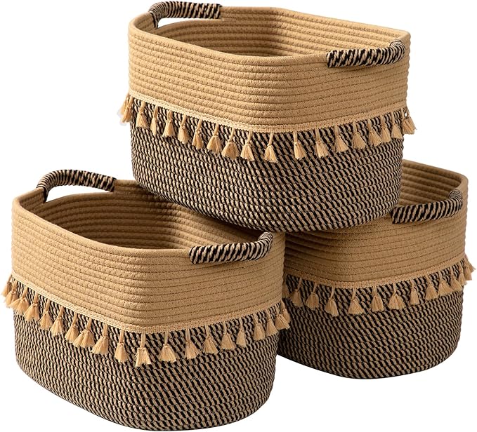 TeoKJ Set of 3 Baskets for Organizing, Decorative Rope Baskets for Storage, Storage Baskets for Pets, books, Pillows, Toys & Cloths, Black & Jute