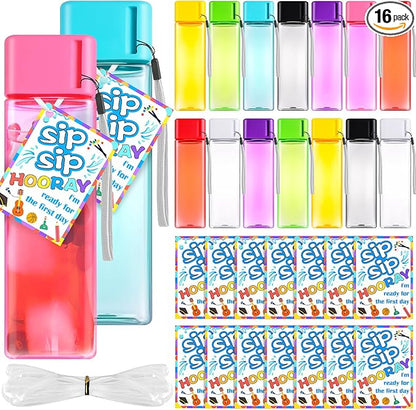 Olgaa 16 Sets Back to School Supplies Gifts for Students from Teacher Water Bottles Bulk Set for Kids 16oz with Card Reusable Portable Plastic Sports Drink Water Bottles Bulk for School Classroom