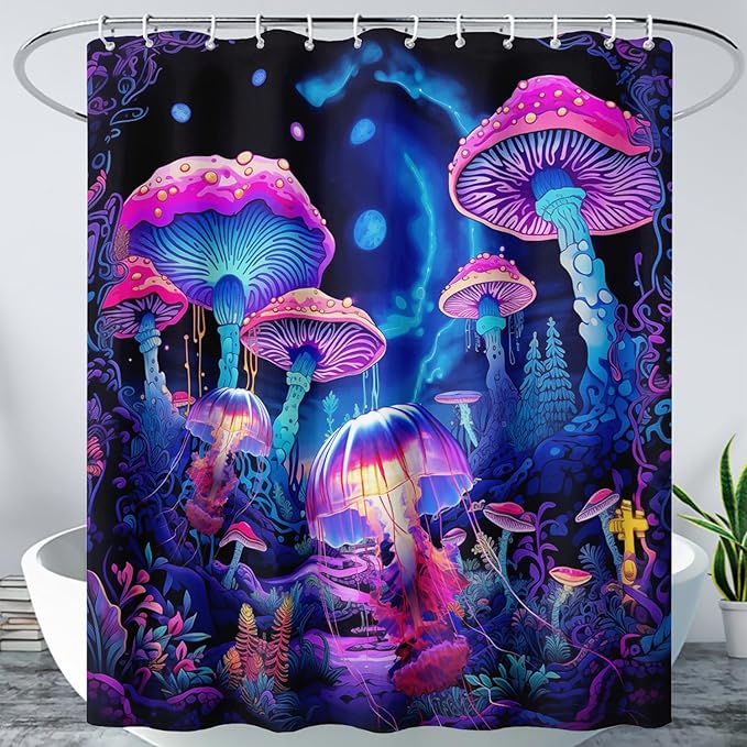AILONEN Magic Mushroom Shower Curtain,Cartoon Jellyfish Shower Curtain Set for Bathroom,Natural Fungal Bathroom Curtain for Kids Girl,Boho Style Waterproof Fabric Bath Curtain with Hooks, 72" W*84" H