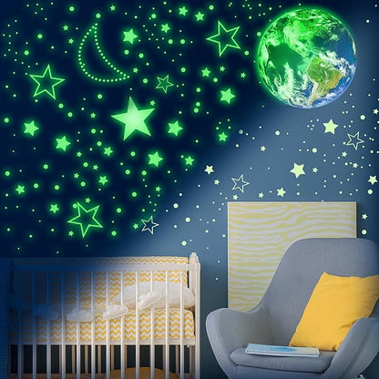 965 PCS Glow in The Dark Stars and Earth for Ceiling, Luminous Stars and Planet Wall Decals, Kids Room Decor, Glowing Galaxy Wall Stickers for Nursery Decorations (Green)