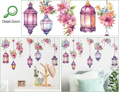 Hanging Flower Vine Wall Stickers Floral and Lamp Peel and Stick Wall Art Decals Flower Vine Wall Decor for Living Room Bedroom TV Background Spring Party Decoration