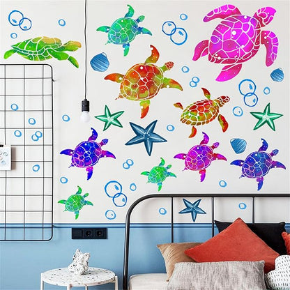 Waterproof Removable Watercolor Turtles Vinyl Wall Decal for Nursery Kidsroom School Classroom Livingroom Bedroom Bathroom Sea Life Sticker in Coastal Ocean Theme