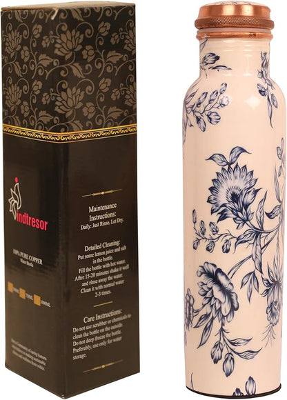 Pure Copper Water Bottle - Handcrafted - Ayurveda health benefits - Large 35 oz - Leak proof - Easy to carry for Sports, Fitness, Yoga, School - White Base Petals Vines Motifs Enamel
