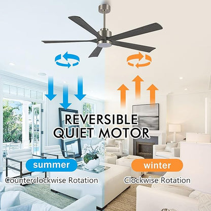 60" Modern Ceiling Fan with Lights and Remote Control, 5 Solid Wood Blades 6-Speed Noiseless Reversible DC Motor, Ceiling Fan for Bedroom Dinning Living Room, Nickel Finish with Wood Blades