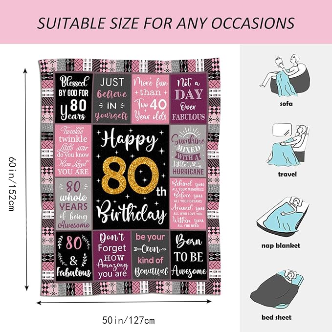 80th Birthday Gifts For Women, 80th Birthday Gift Blanket 50"X60", Best Gifts For 80 Year Old, 80th Birthday Decorations, 80 Year Old Birthday Gifts For Women, Birthday Gifts For 80 Year Old