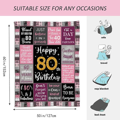 80th Birthday Gifts For Women, 80th Birthday Gift Blanket 50"X60", Best Gifts For 80 Year Old, 80th Birthday Decorations, 80 Year Old Birthday Gifts For Women, Birthday Gifts For 80 Year Old