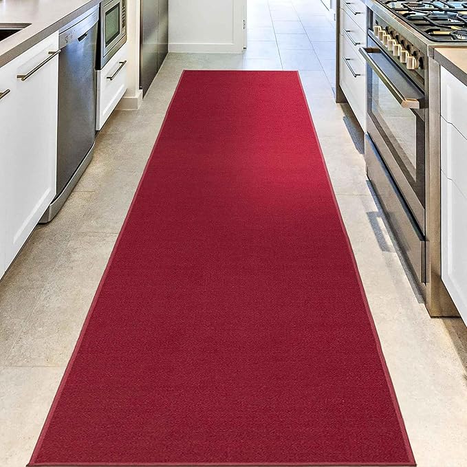 Machine Washable Modern Solid Design Non-Slip Rubberback 3x12 Traditional Runner Rug for Hallway, Kitchen, Bedroom, Living Room, 2'7" x 12', Red