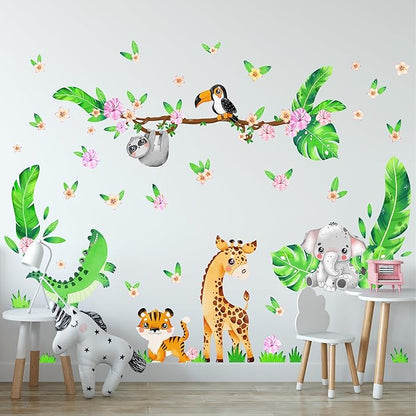 Large Jungle Animal Wall Decals for Kids by Lipastick - 143 pcs Animal Wall Stickers for Kids Baby Girl Boy Room - Creative Nursery Vinyl Wall Decal - Elephant Giraffe Crocodile Parrot Koala L Size