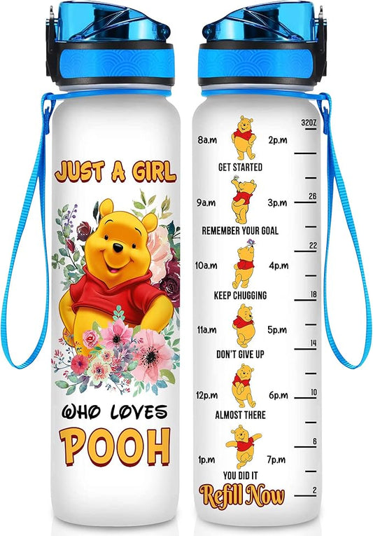 Winnie Pooh 32 Oz Water Track Bottle, Just A Girl Water Bottle With Time Marker, Pooh Bear Motivational Insulated Water Bottle, Gifts For Family Friend