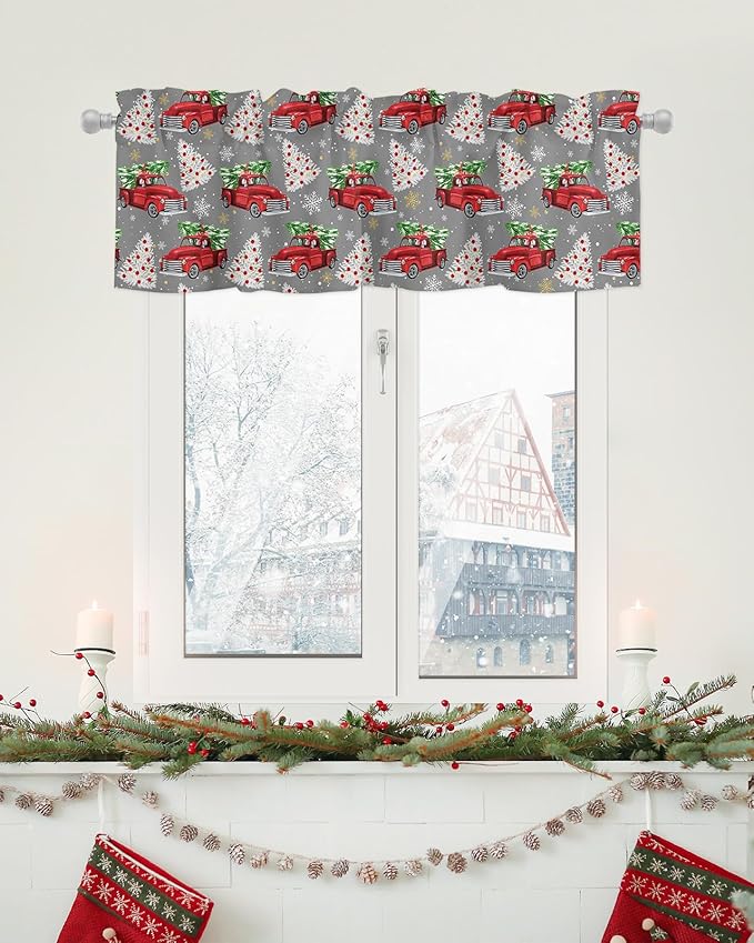 Red Truck Christmas Valance Curtains for Kitchen Windows Merry Christmas Tree Rod Pocket Window Treatment Toppers for Kitchen/Living Room/Bedroom/Bathroom, 42" X 12", Winter Snowflake Grey