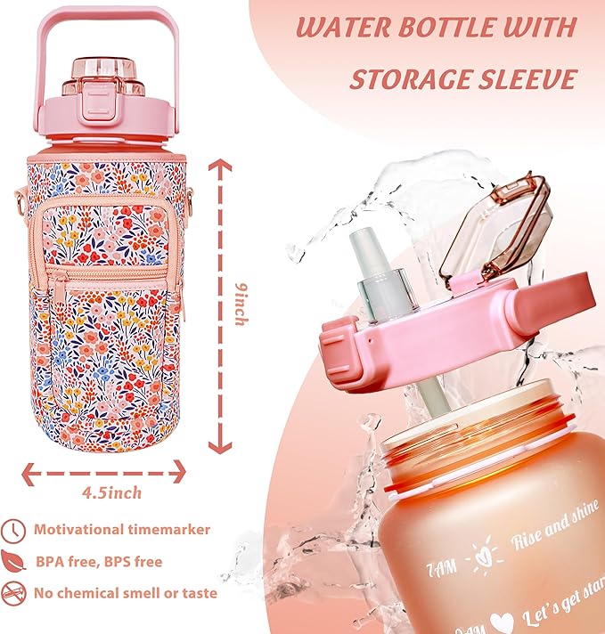 64 oz Water Bottle with Straw Sleeve & Strap Motivational Half Gallon Water Jug with Handle for Gym Women Men Aesthetic Water Bottle with Strap Floral
