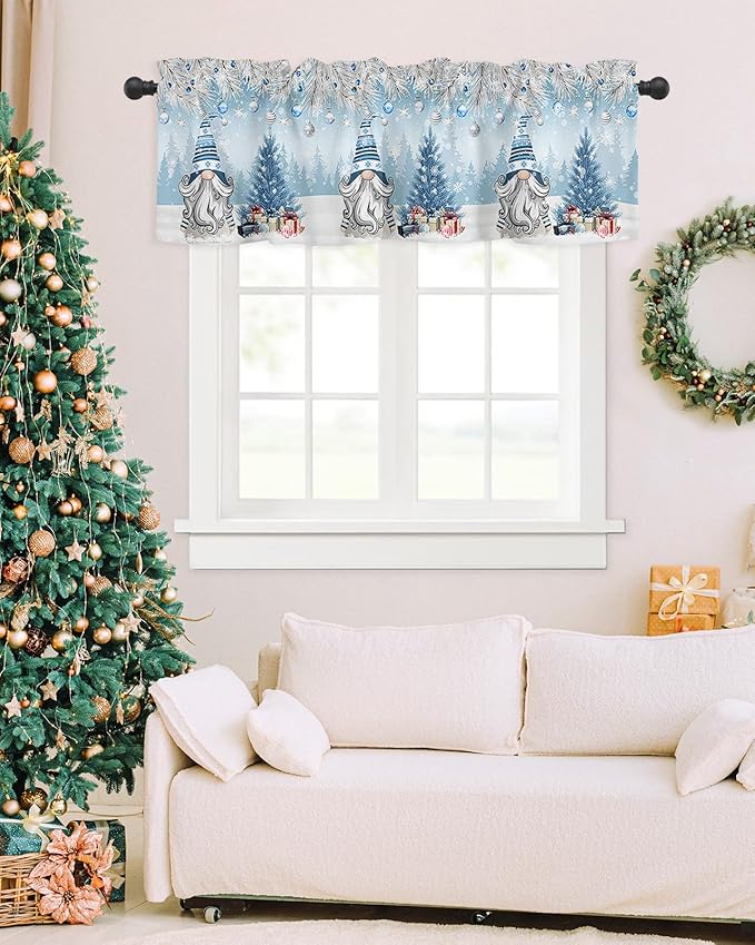 Christmas Gnome Valance Curtains for Kitchen Windows Winter Merry Christmas Tree Balls Rod Pocket Window Treatment Toppers for Kitchen/Living Room/Bedroom/Bathroom, 54" X 18", Blue