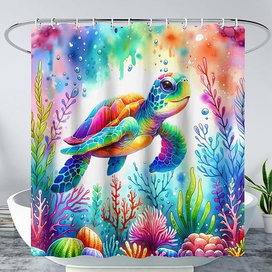 AILONEN Colorful Sea Turtle Shower Curtain, Cartoon Ocean Theme World Cloth Bath Curtain for Bathroom,Watercolor Underwater Waterproof Fabric Shower Curtain Set with Hooks,72" Wx96 H