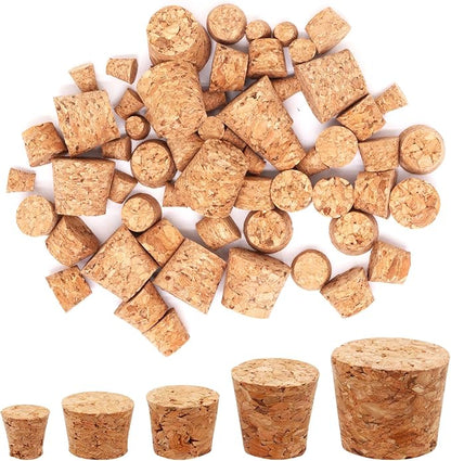 60Pcs Cork Stoppers, 5 Sizes Assortment Small Corks Tapered Cork Plugs Replacement Wooden Bottle Corks Bottle Stopper Wine Cork for Craft Jars Wine Bottles