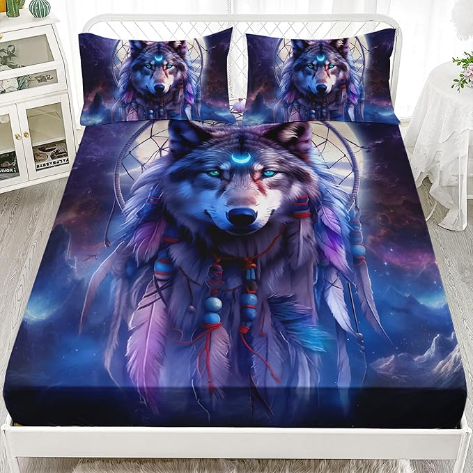 AILONEN Wolf Dream Catcher Fitted Sheet Set Twin Evening Purple Galaxy Starry Moon Wolf Bed Sheet with 2 Pillowcases,3 Pieces Wolf Print Boys Girls Twin Fitted Sheet Set