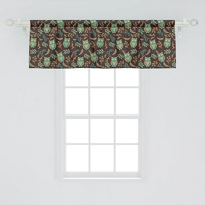 Ambesonne Owl Print Window Valance, Night Birds Leaves Berries Warm Autumn Colors Cartoon, Curtain Valance for Kitchen Bedroom Decor with Rod Pocket, 42" x 18", Brown Green
