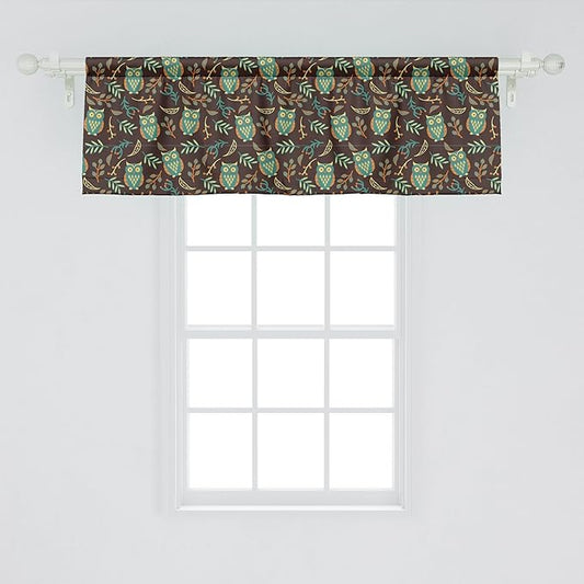 Ambesonne Owl Print Window Valance, Night Birds Leaves Berries Warm Autumn Colors Cartoon, Curtain Valance for Kitchen Bedroom Decor with Rod Pocket, 42" x 18", Brown Green