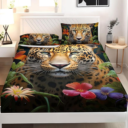 AILONEN Leopard Print Fitted Sheet Set Twin XL Size for Boys,Safari Cheetah Bed Sheet Set TwinXL, Jungle Animal Leopard Sheet Set 3 Pieces Wildlife Fitted Sheet with 2 Pillowcases
