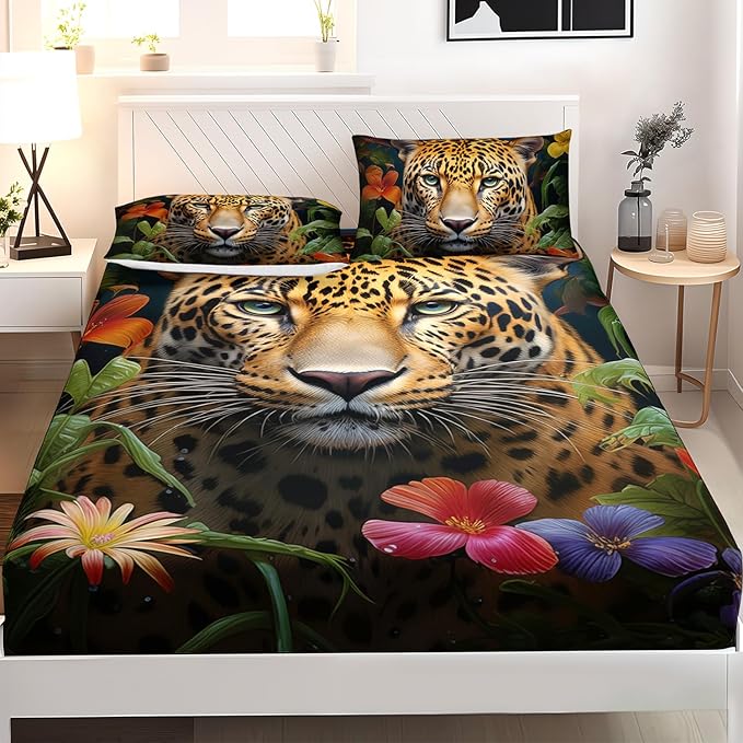 AILONEN Leopard Print Fitted Sheet Set Queen Size for Boys,Safari Cheetah Bed Sheet Set Queen, Jungle Animal Leopard Sheet Set 3 Pieces Wildlife Fitted Sheet with 2 Pillowcases