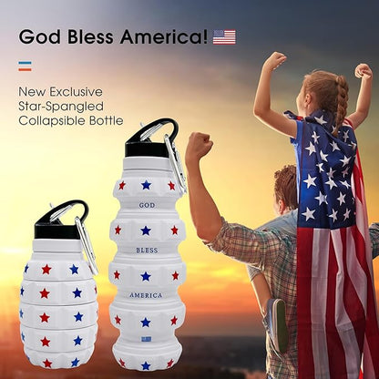 American Flag Collapsible Water Bottle 19.6 oz - US Flag Leak Proof Water Bottle - Patriots Gifts for Men Women - Silicone & Reusable - Independence Day Patriotic Accessories - God Bless America Decor