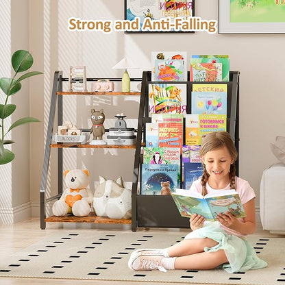 Kids Bookshelf and Toy Organizer, Book Shelf for Kids Rooms,2 in 1 Nursery Book Shelves, Toddler Bookshelf Montessori Bookshelf and Kids Book Shelf (Black)