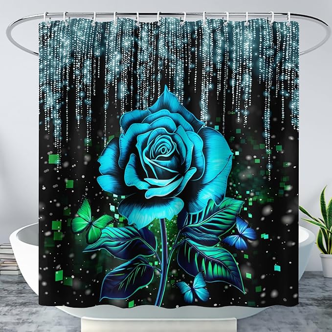 AILONEN Blue Rose Shower Curtain for Bathroom, Glitter Starry Flower Print Bath Curtain,Blue and Black Waterproof Floral Butterfly Shower Curtain Decoration with 12 Plastic Hooks, 48" W*72" H