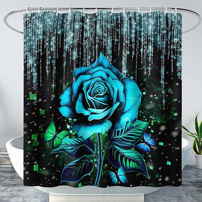 AILONEN Blue Rose Shower Curtain for Bathroom, Glitter Starry Flower Print Bath Curtain,Blue and Black Waterproof Floral Butterfly Shower Curtain Decoration with 12 Plastic Hooks, 36" W*72" H