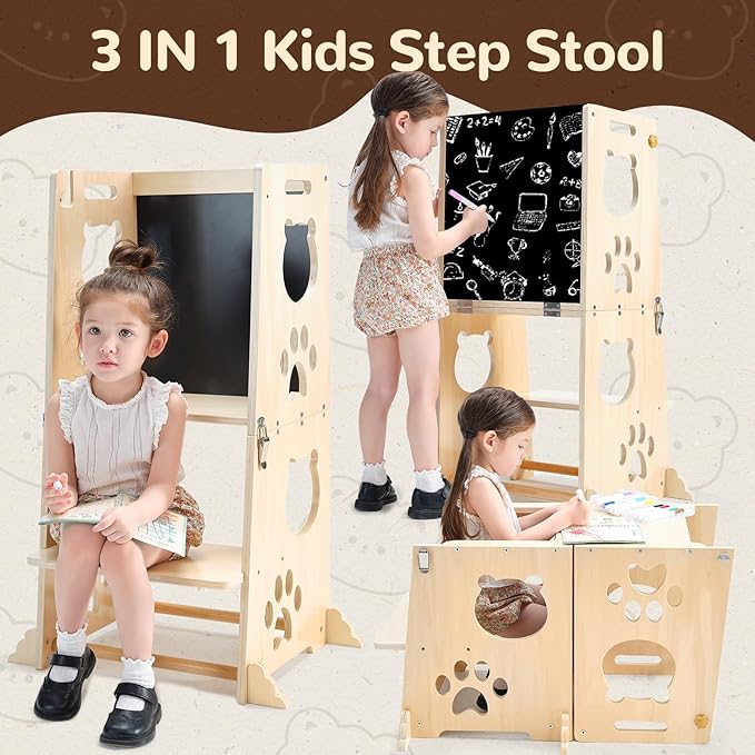 Collapsible Toddler Kitchen Step Stool With Chalkboard, Safety Rail, and Standing Tower for Kids 1-3