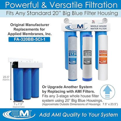 APPLIED MEMBRANES INC. Whole House Water Filter Replacement Filter Cartridge Set for Iron Reduction | 3 Stage 4.5” x 20” Sediment, Carbon, & Iron Filters | Fits 20-inch Big Blue Housings
