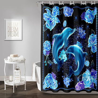 AILONEN Catrtoon Dolphin Shower Curtain Bathroom 72" W*78" H Blue Dolphin Curtain Cloth Fabric Bathroom for Kids Girls,3D Blue Rose with Jumping Dolphins Shower Curtain Set