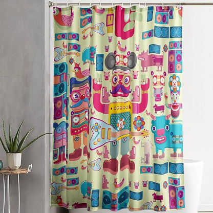 AILONEN Cartoon Robot Shower Curtain Sets,Beautiful Music Guitar Robots Theme Bathroom Decors, 60" W*72" H Cute Shower Curtain for Boys Girls Teens Kids
