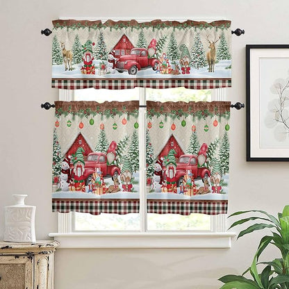Christmas Farmhouse Kitchen Curtains and Valances Set, Red Truck Gnomes Window Treatments Tiers Winter Holiday Snowman Half/Short Curtains for Small Windows Cafe /Living Room/ Bedroom 54x24 in