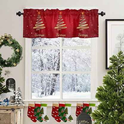 Christmas Tree Valance Curtains for Kitchen Window, Merry Xmas Red Rod Pocket Valances Window Treatments Winter Holiday Decor Short Curtains for Bedroom/Living Room,54" X 18" -1 Panel