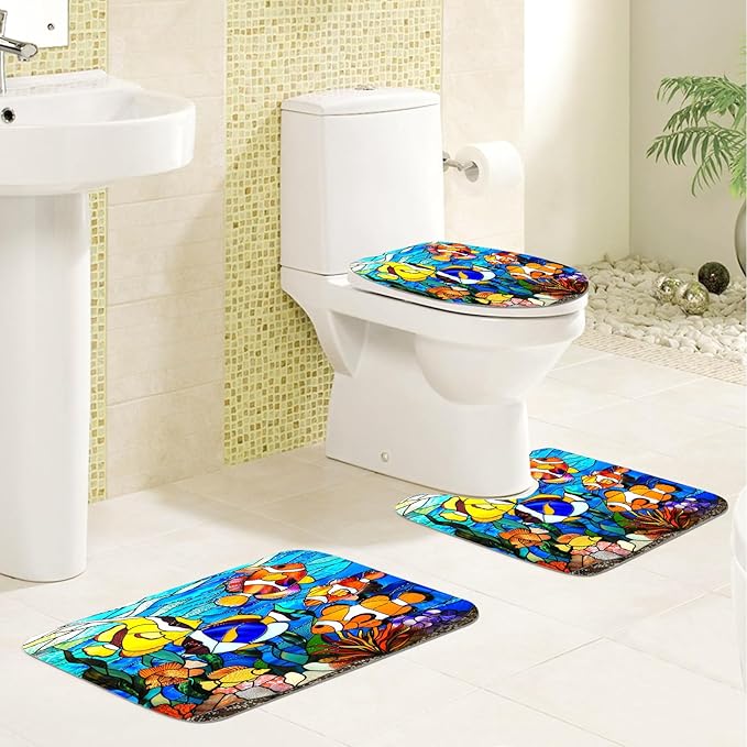 4PCS Fish Shower Curtain Set with 12 Hooks for Bathroom Sets Fish Decor, Non-Slip Rugs and Toilet Mat Lid Rug, Durable Waterproof for Bathroom Stained Glass Fish Decor 72x72 Inch