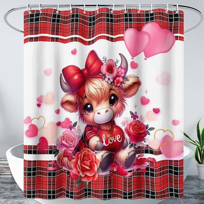 AILONEN Cartoon Yak Shower Curtain Set, Lovely Red Rose Cow Polyester Waterproof Shower Curtain for Bathroom,Love Scottish Tartan Theme Cloth Bath Curtain Set with Hooks,48" Wx72 H