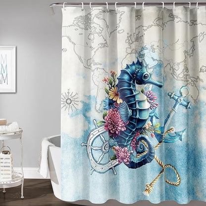 AILONEN Seahorse Shower Curtain for Bathroom,Nautical Coast Retro Map Ocean Bath Curtain 72" W*72" H,Blue Sea Animal Print Decorative Waterproof Curtain with 12 Plastic Hooks