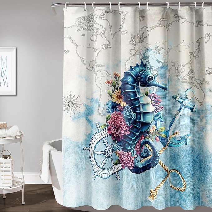 AILONEN Seahorse Shower Curtain for Bathroom,Nautical Coast Retro Map Ocean Bath Curtain 36" W*72" H,Blue Sea Animal Print Decorative Waterproof Curtain with 12 Plastic Hooks