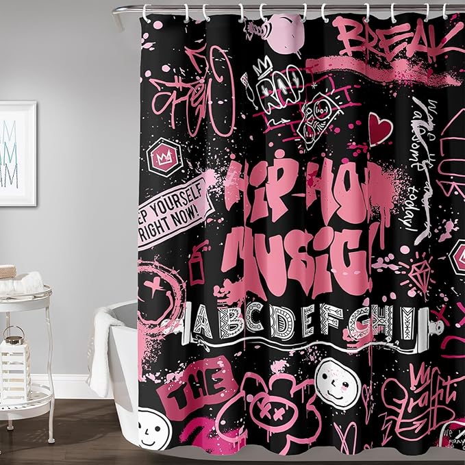 AILONEN Black Pink Graffiti Shower Curtains for Teens Girls,Hip-Hop Music Bath Shower for Bathroom,Polyester Waterproof with 12 Hooks,72" W*78" H Black Pink