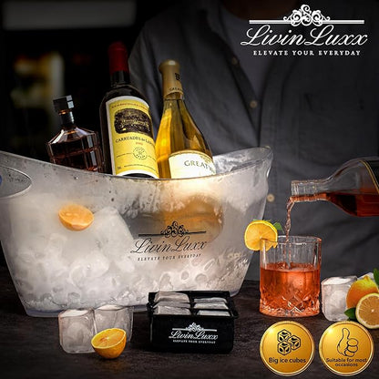 Acrylic Ice Bucket for Parties with Silicone Ice Cube Tray - Clear Champagne Bucket 5.5 Liter - Beverage Tub with Big Square Ice Cubes for Cold Drinks - Holds 3-5 Wine or Champagne bottles