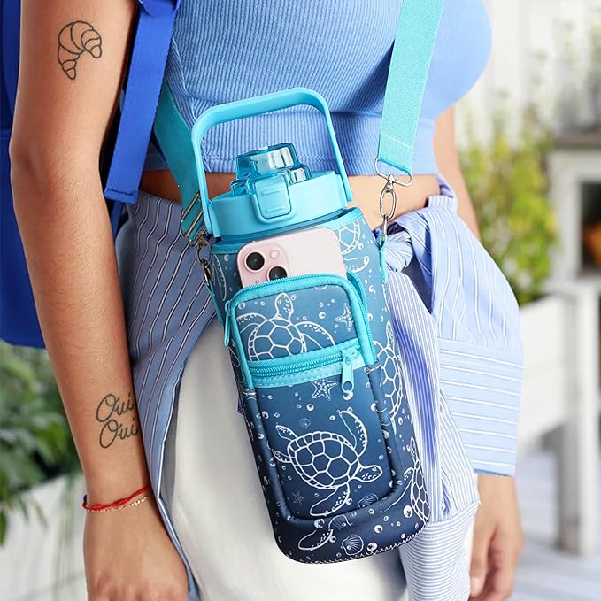 Sea Turtle Half Gallon Water Bottle with Sleeve Water Bottle 64 Oz Water Bottle with Time Marker, Leakproof-Free Drinking Water Bottle, Sports Turtle Water Bottle Half Gallon Water Jugs
