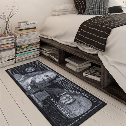 Machine Washable $100 Bill Design Non-Slip Rubberback 22x53 Modern Runner Rug for Hallway, Kitchen, Bedroom, 22" x 53", Black