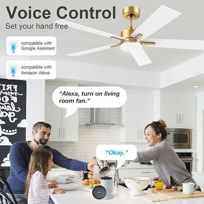 52” Smart Ceiling Fan with LED Lights Remote,Quite DC Motor,Voice Control via Alexa Google WIFI Phone,Outdoor Indoor Modern Ceiling Fans,Dimmable,for Bedroom Patio Porch,Gold and White Black