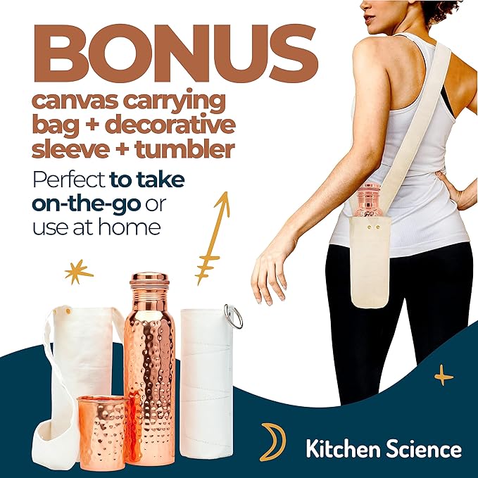 Copper Water Bottle (34oz/1000 ml) w/Copper Tumbler, Carrying Bag & Deco Sleeve | Pure Copper Bottle for Drinking Water | Lab-Tested, Leak-Proof | Authentic Ayurvedic Copper Bottle